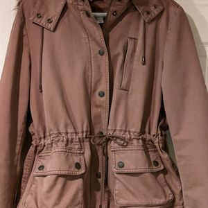 Woman's Ann Taylor Loft Tan Cotton Canvas Hooded Coat Exc. Cond Lg 12-14 Nice!